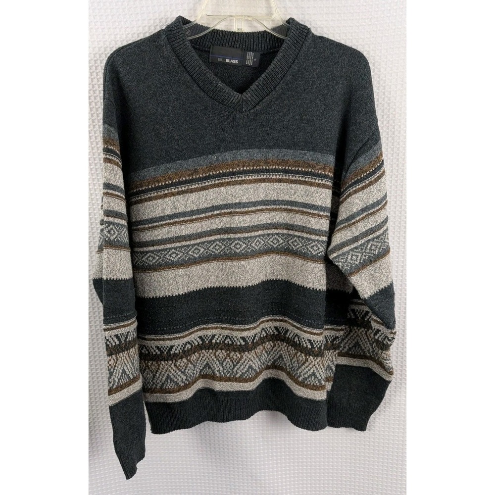 Bill Blass Gray Stripe V-neck Sweater Size Large Grandpa Sweater